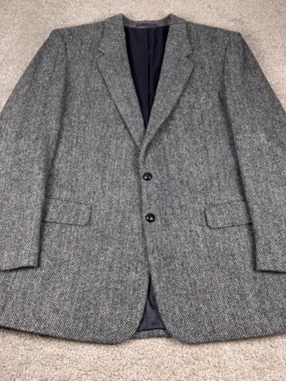 Vintage Harris Tweed Men's 46L Grey Herringbone Blazer Sport Coat Wool Jacket